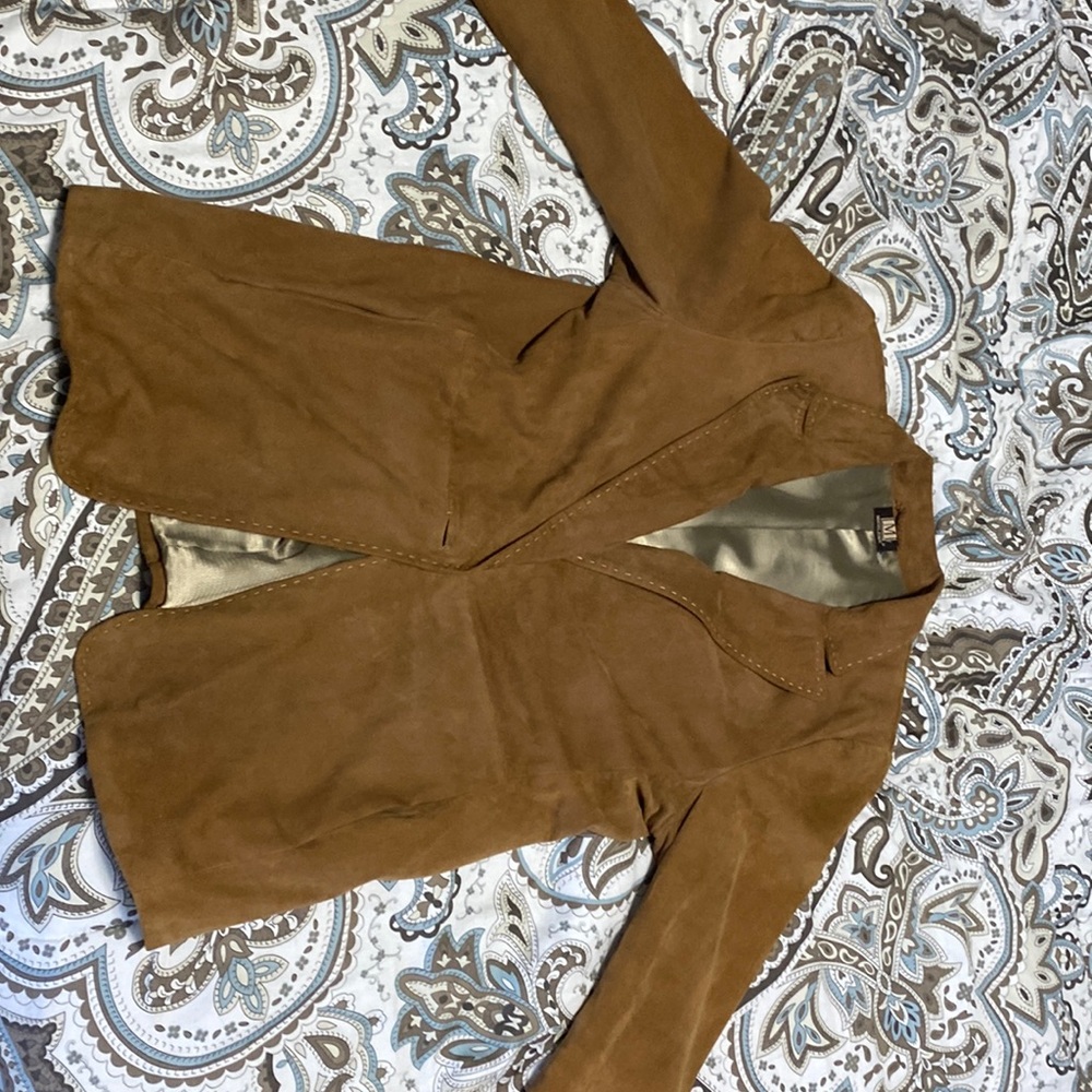 Madeleine Dark Tan Genuine Leather Goat Suede Blazer Lg